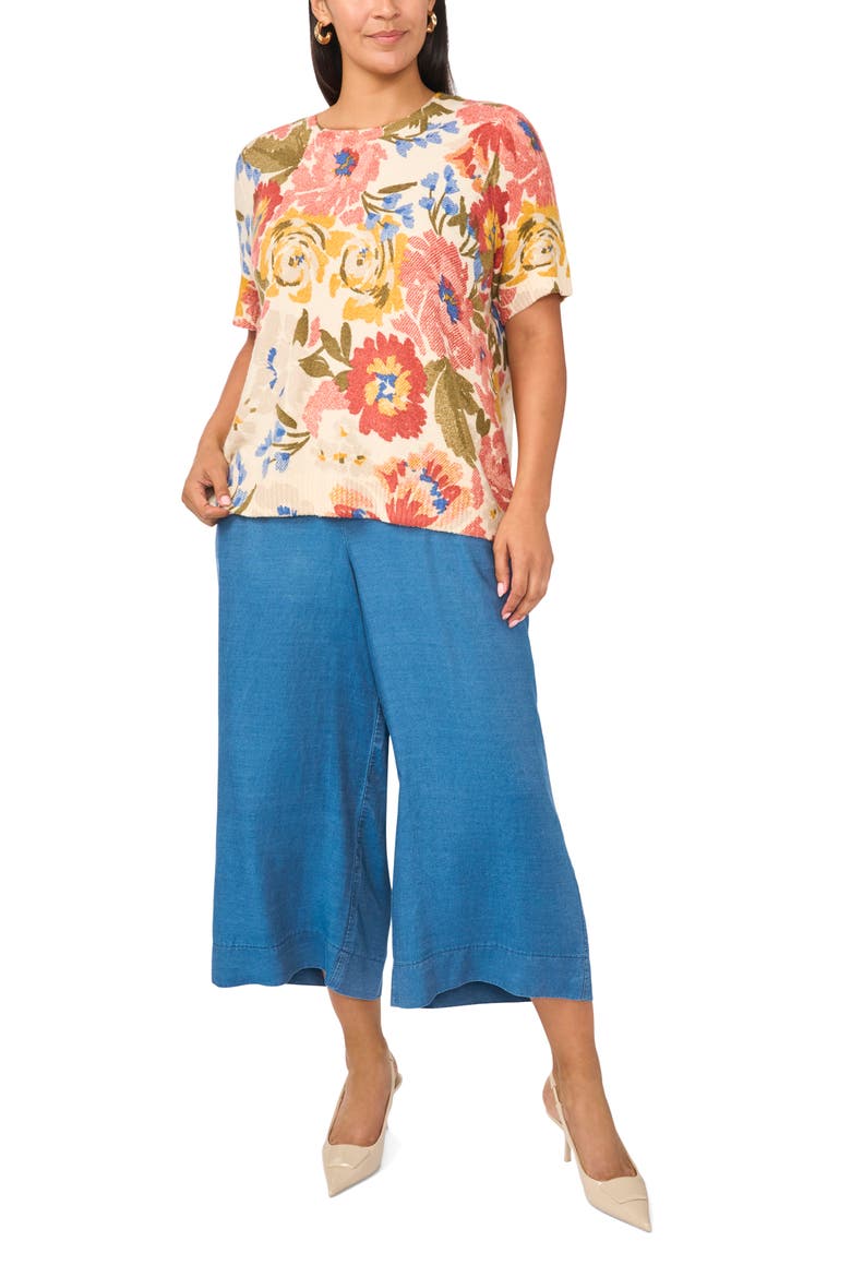 Floral Short Sleeve Sweater, Alternate, color, BIRCH