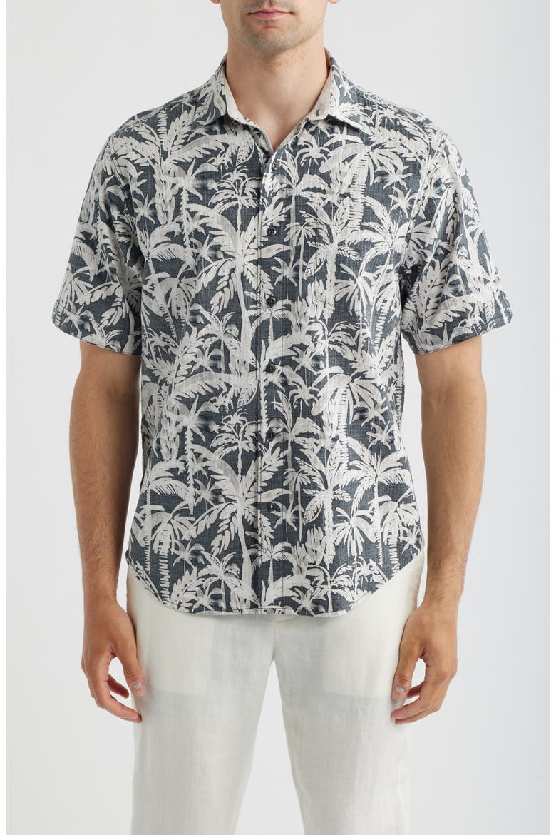 Nova Wave Nero Palms Short Sleeve Seersucker Button-Up Shirt, Main, color, BLACK