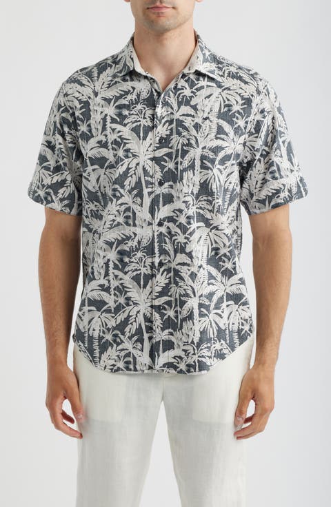 Nova Wave Nero Palms Short Sleeve Seersucker Button-Up Shirt (Regular & Big)