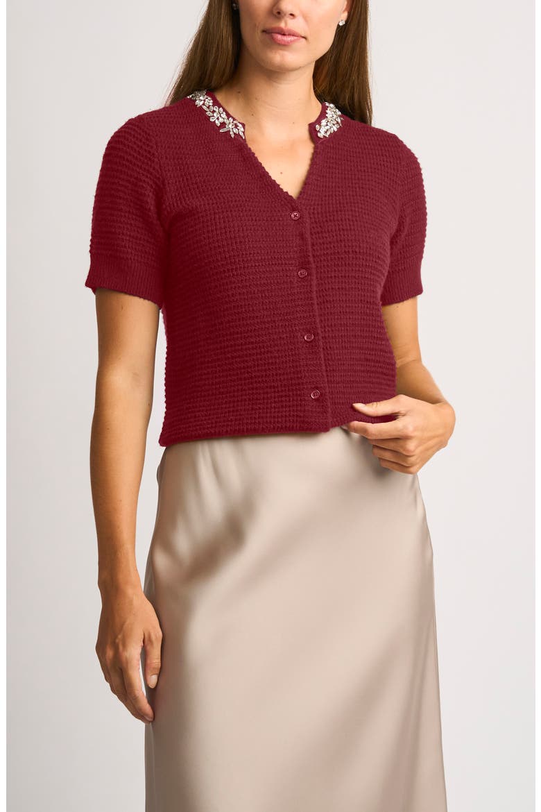 Embellished Short Sleeve Cotton Blend Cardigan, Main, color, CELOSIA RED