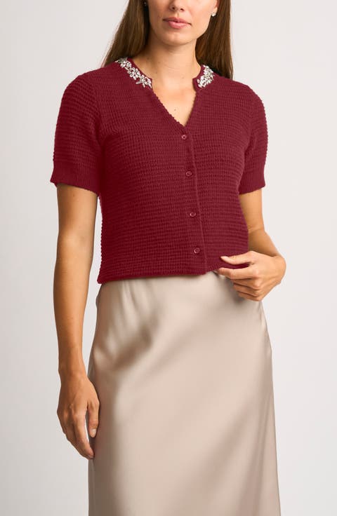 Embellished Short Sleeve Cotton Blend Cardigan