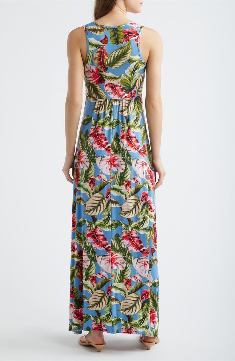 Loveappella Palm Print Sleeveless Jersey Maxi Dress, Alternate, color, Blue/ Coral