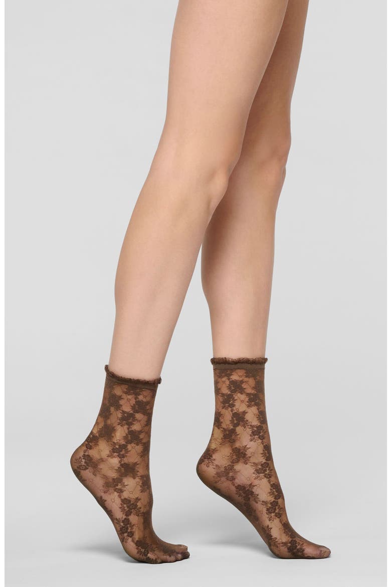 Stylish Ruffle Trim Floral Lace Socks, Main, color, CHOCOLATE 3