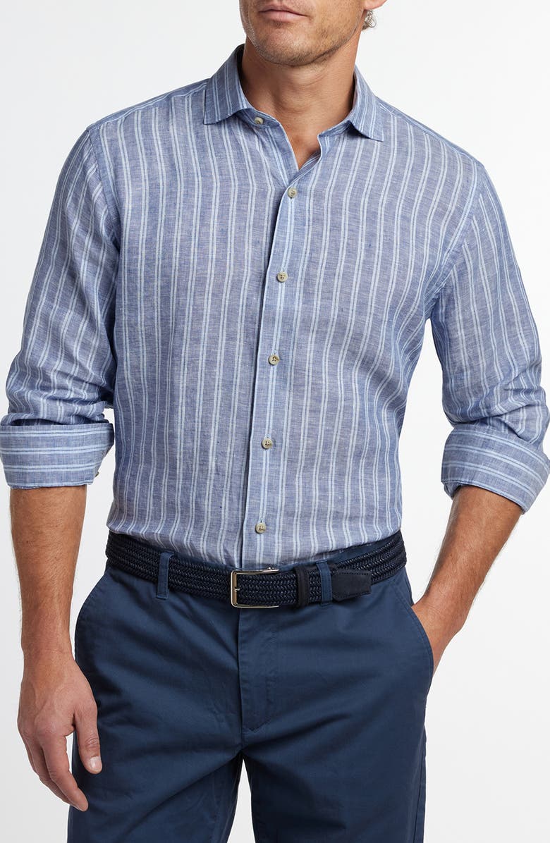 David Donahue Stripe Slub Linen Button-Up Shirt, Alternate, color, Navy/ Sky