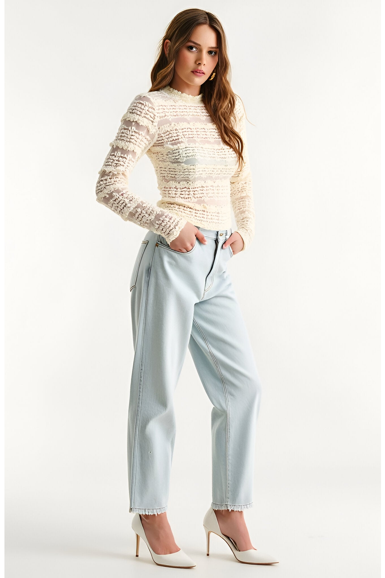 Sheer Lace Long Sleeve Top with Scalloped Mock Neck, Alternate, color, Off-White