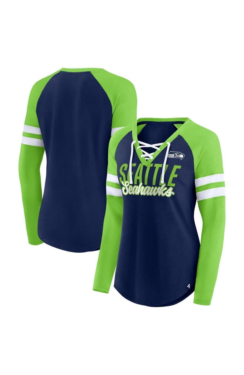 FANATICS Women's Fanatics Branded College Navy/Neon Green Seattle Seahawks True to Form Raglan Lace-Up V-Neck Long Sleeve T-Shirt, Main, color, Navy