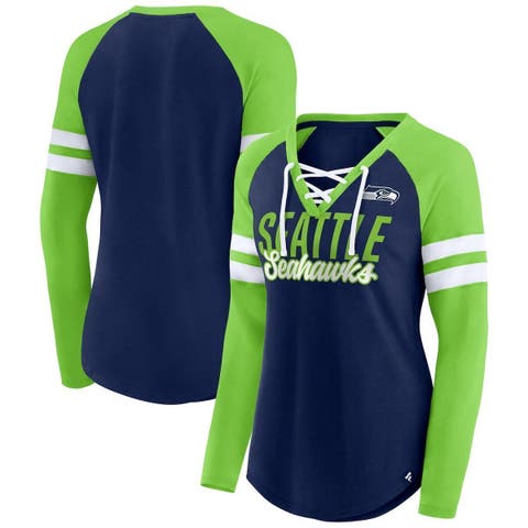 Women's Fanatics Branded College Navy/Neon Green Seattle Seahawks True to Form Raglan Lace-Up V-Neck Long Sleeve T-Shirt