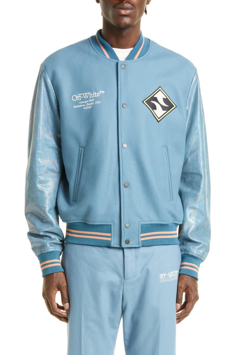 Off-White Gender Inclusive Arrow Patch Wool & Cashmere Blend Bomber Jacket, Main, color,