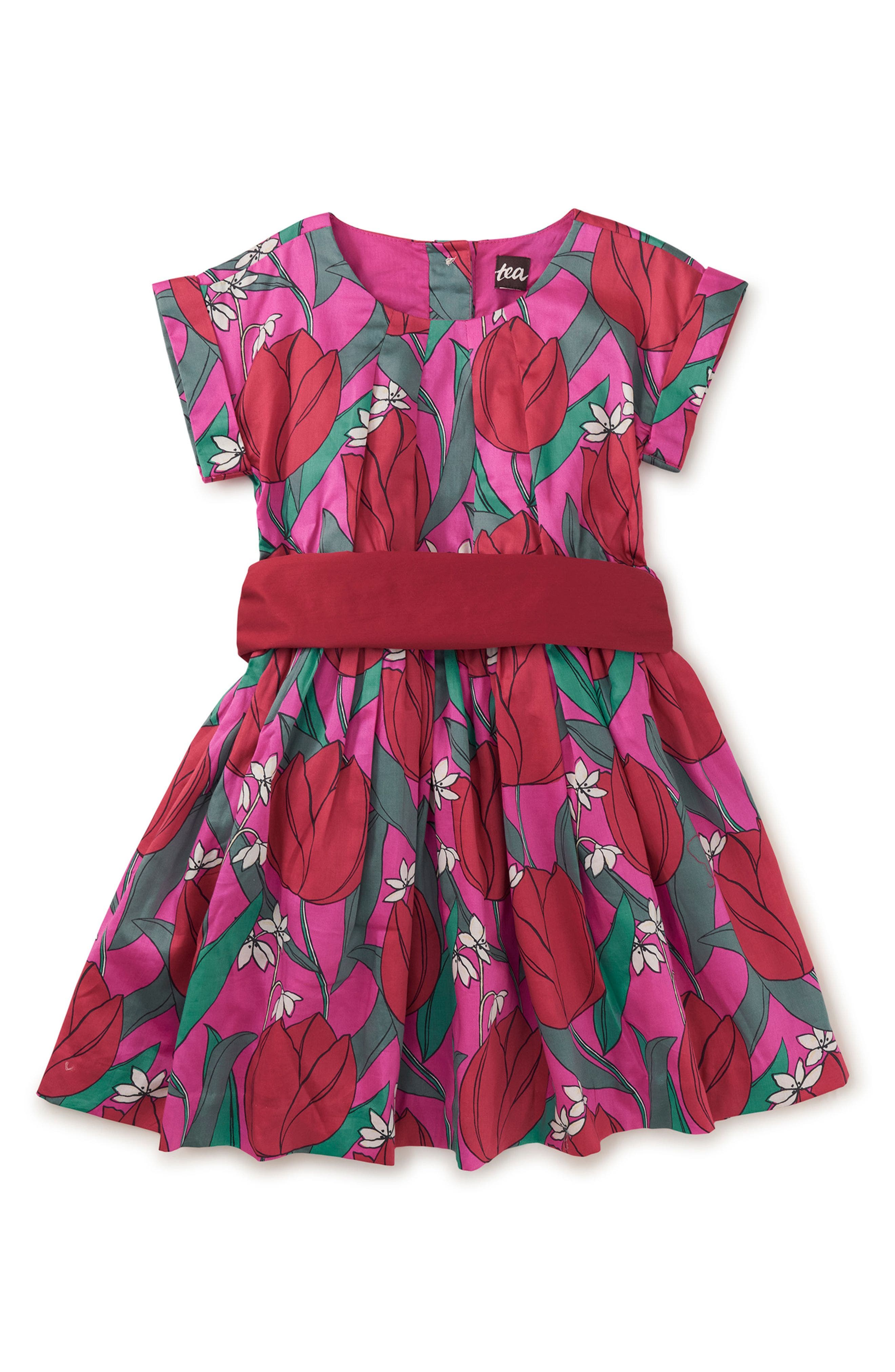 Tea Collection Sateen Sash Dress in Tulip Twist In Pink 