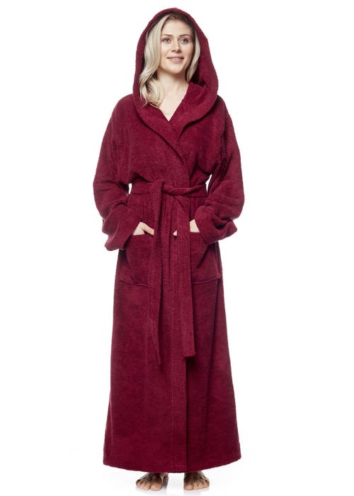 Arus Cotton Full Length Hooded Bathrobe In Burgundy