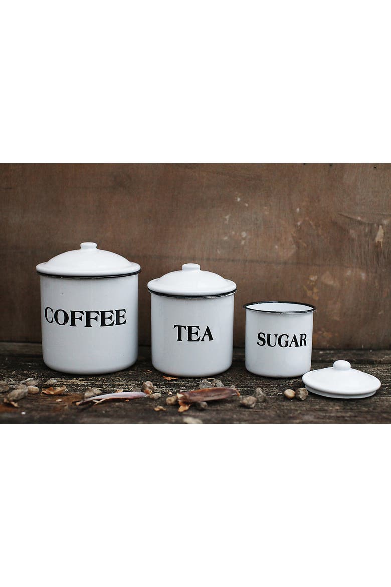 Farmhouse Enameled Metal Containers with "Coffee", "Tea", and "Sugar" Messages, White and Black, Set of 3, Alternate, color, White