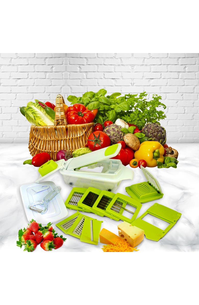 Megachef 8-in-1 Multi-Use Slicer Dicer and Chopper with Interchangeable Blades, Vegetable and Fruit Peeler and Soft Slicer, Alternate, color, Green