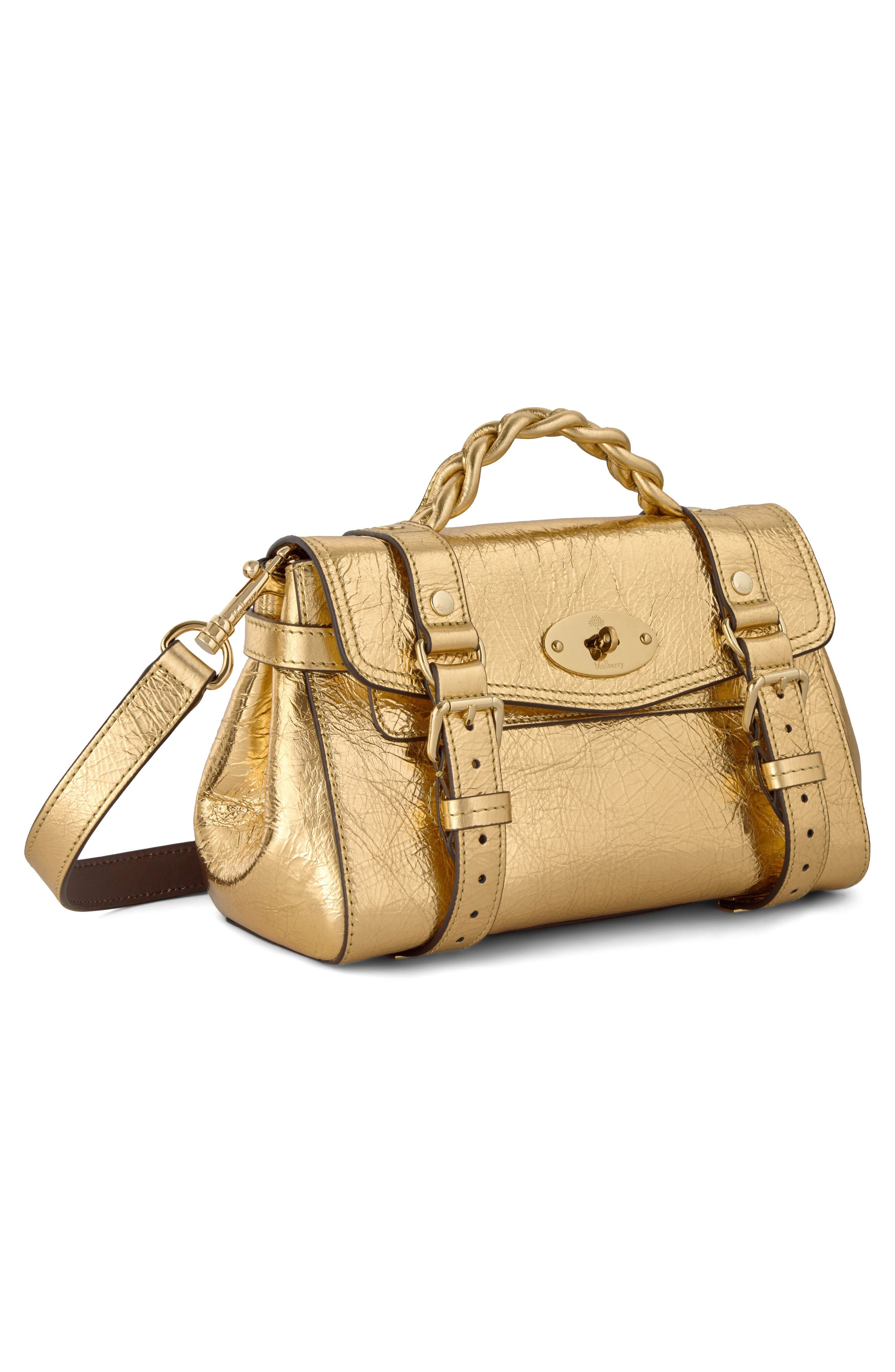 Mulberry Mini Alexa Metallic Leather Satchel, Alternate, color, Somerset Gold