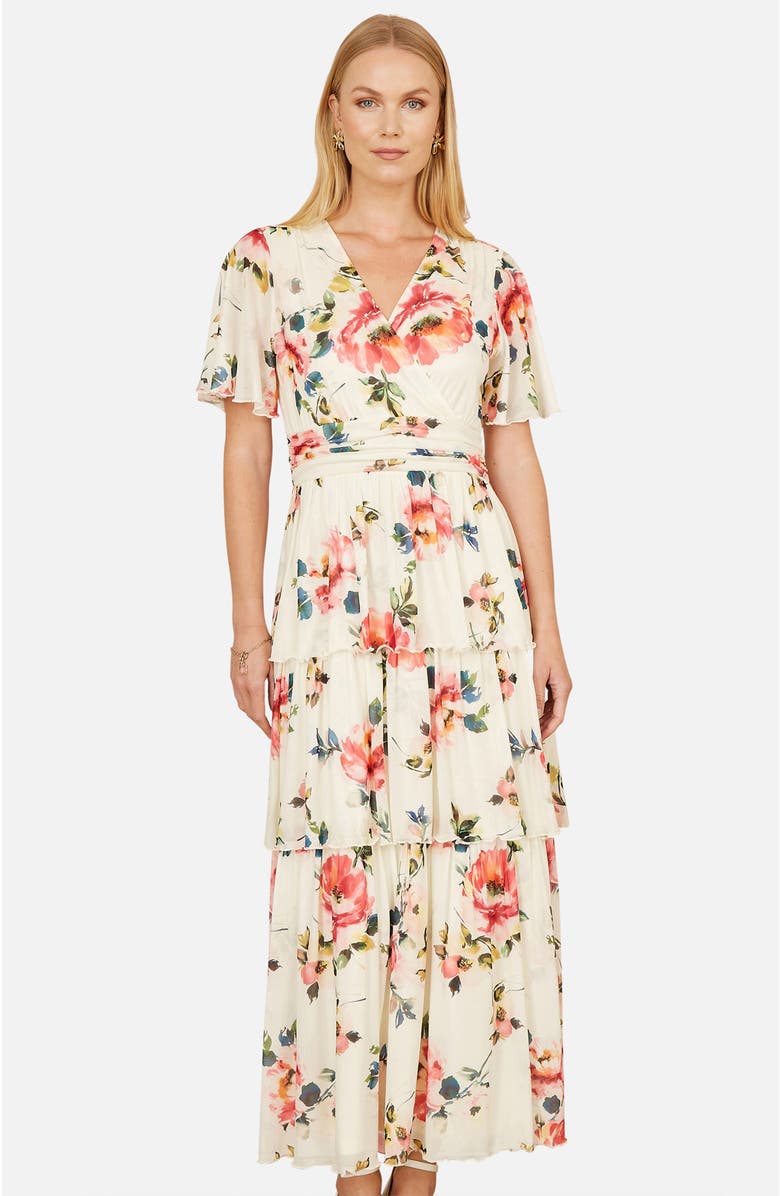 Yumi Floral Mesh Tiered Maxi Dress, Alternate, color, Ivory
