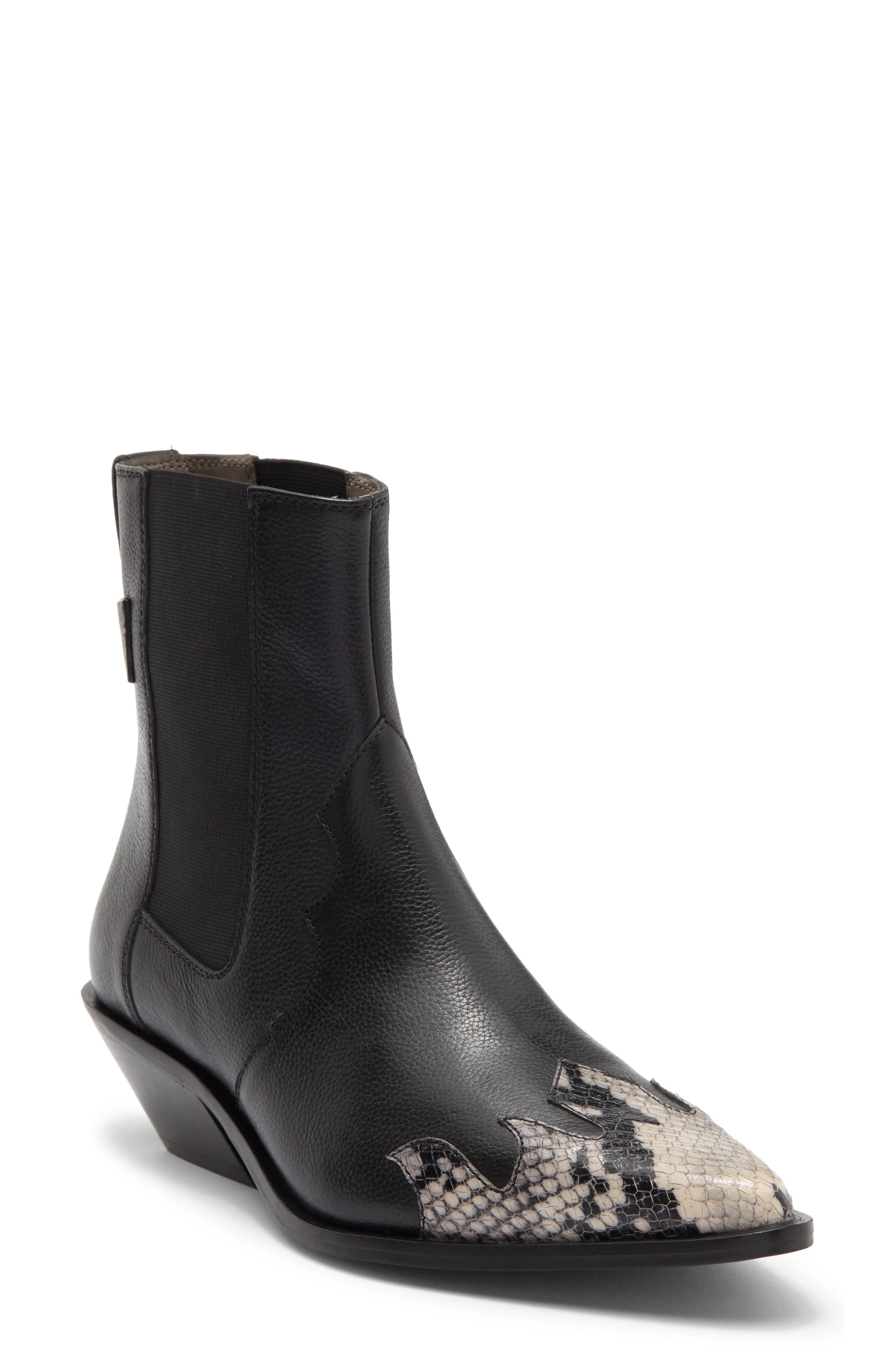 Fleur Snake Embossed Pointed Toe Bootie, Alternate, color, BLACK/ WHITE SNAKE