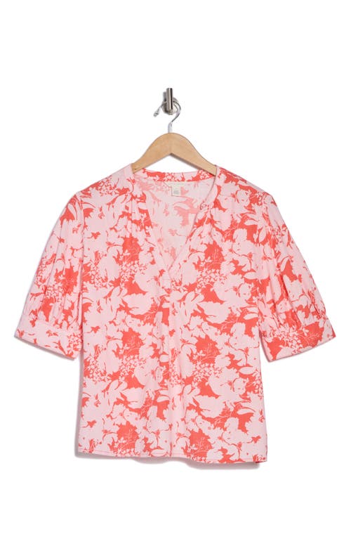CASLON CASLON® FLORAL ELBOW SLEEVE LINEN BLEND POPOVER TOP