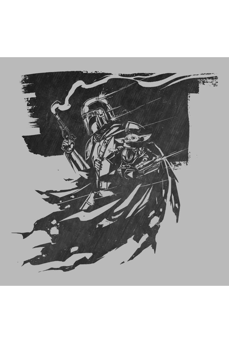 Mens Star Wars The Mandalorian and Grogu Din Djarin and The Child Powerful Scene T Shirt, Alternate, color, Ice Grey