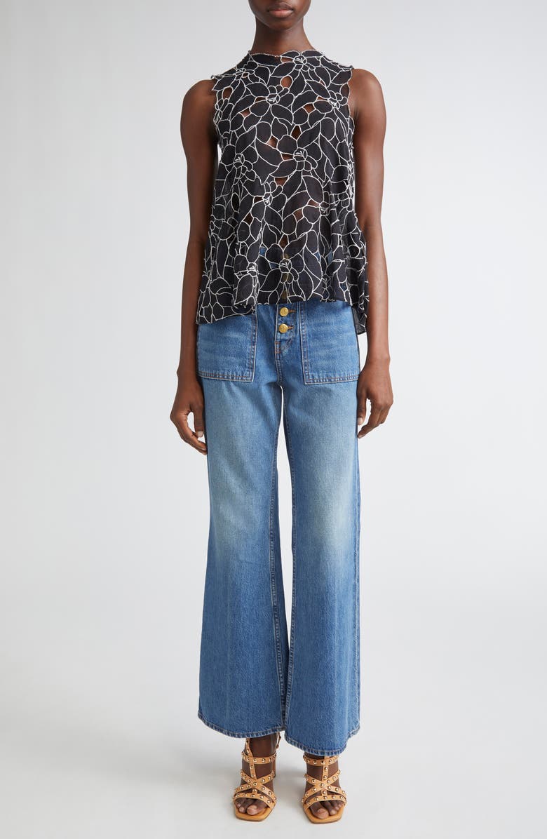 Ulla Johnson Ali Embroidered Cutout Sleeveless Top, Alternate, color, Noir