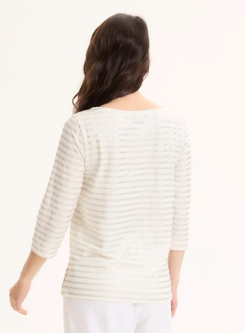 Majestic Filatures Stretch Linen Metallic Stripe 3/4 Sleeve Boatneck Tee In Neutral