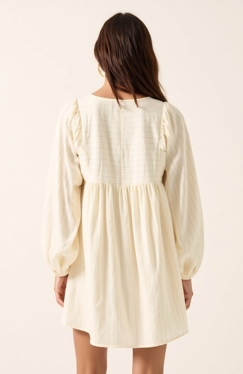 Modenaire Striped Tassel Tie Mini Dress With Balloon Sleeves In Neutral