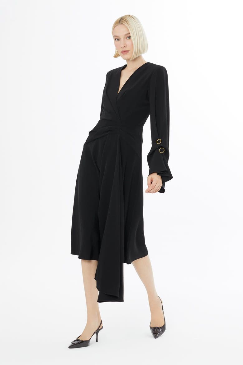 Pleated Front Midi Dress with Concealed Back Zip, Alternate, color, Black