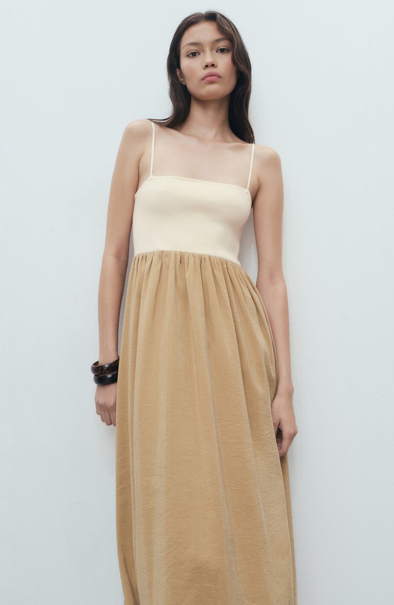 MANGO Mixed Media Bubble Hem Midi Dress, Alternate, color, Medium Brown