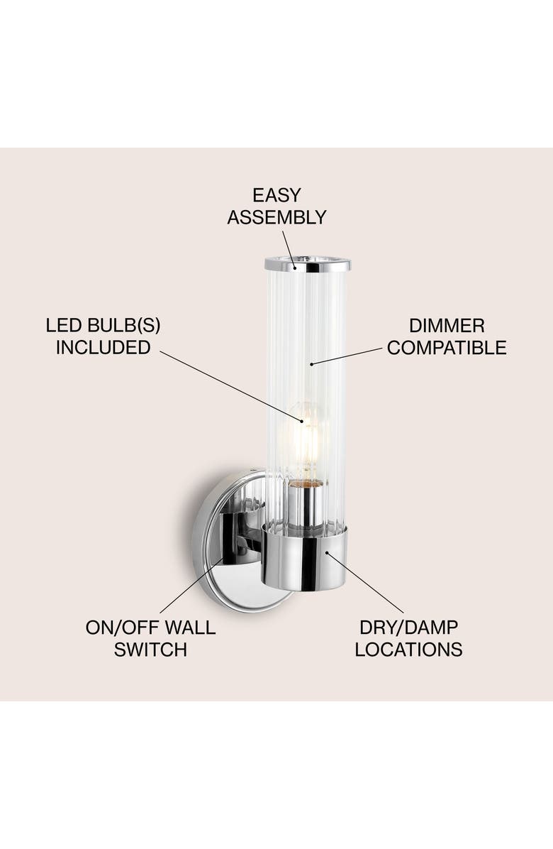 JONATHAN Y Cecil 1-Light Tall Cylinder Iron/Striped Glass Modern Mid-Century LED Vanity, Alternate, color, Chrome With Clear Shade