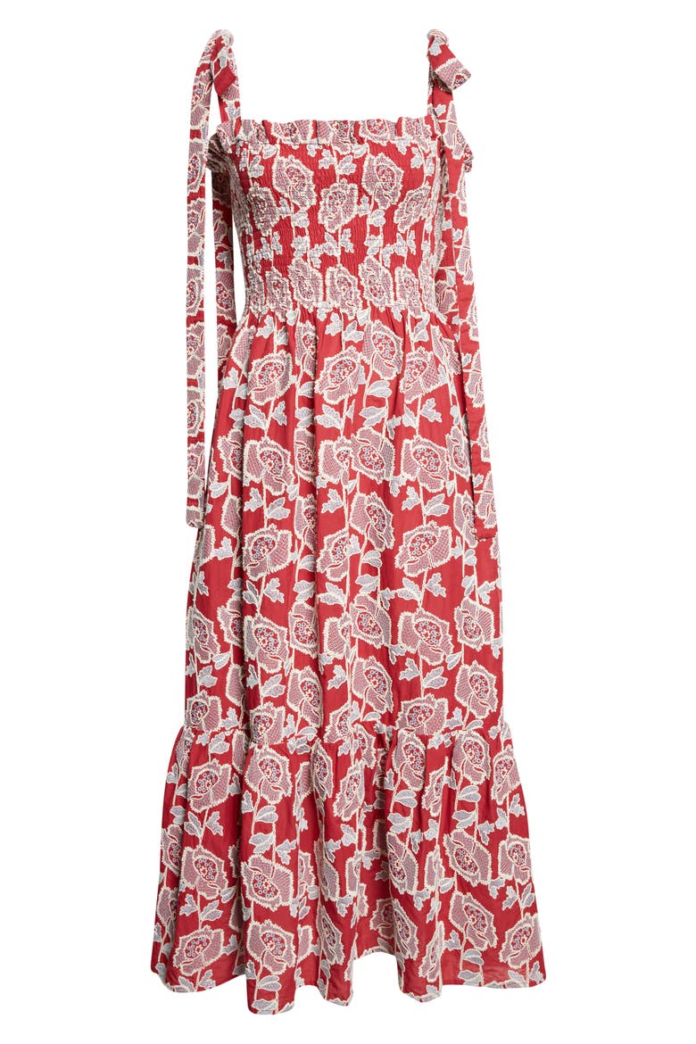 Floral Embroidered Tiered Cotton Blend Midi Sundress, Alternate, color, CHERRY