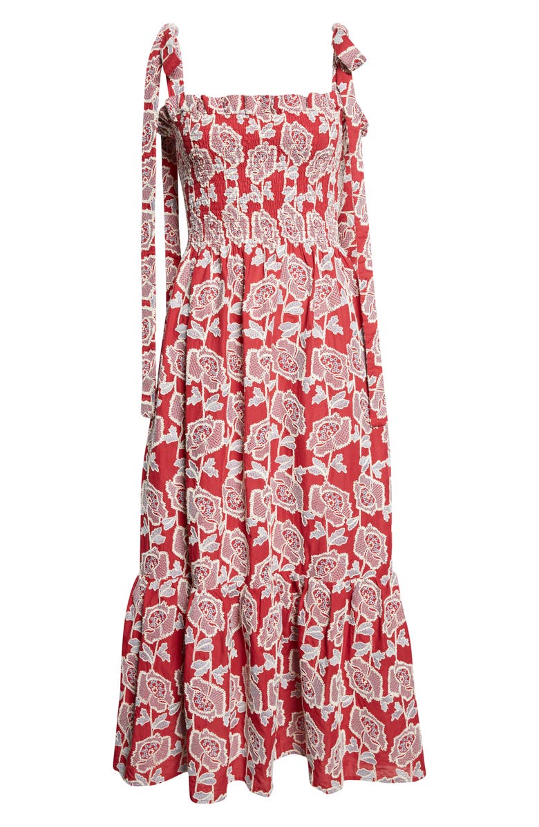 Erdem Floral Embroidered Tiered Cotton Blend Midi Sundress, Alternate, color, Cherry