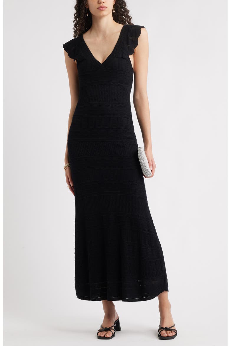 Pointelle Flutter Maxi Sweater Dress, Alternate, color, BLACK