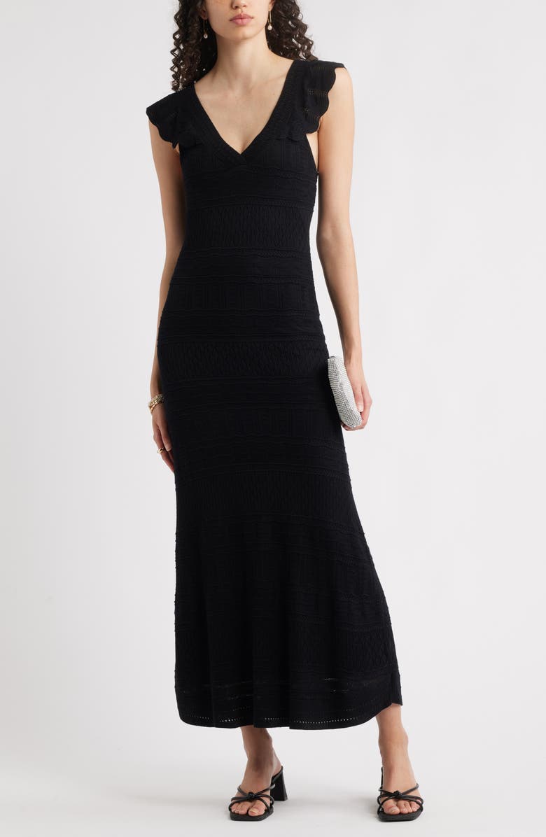 Chelsea28 Pointelle Flutter Maxi Sweater Dress, Alternate, color, Black