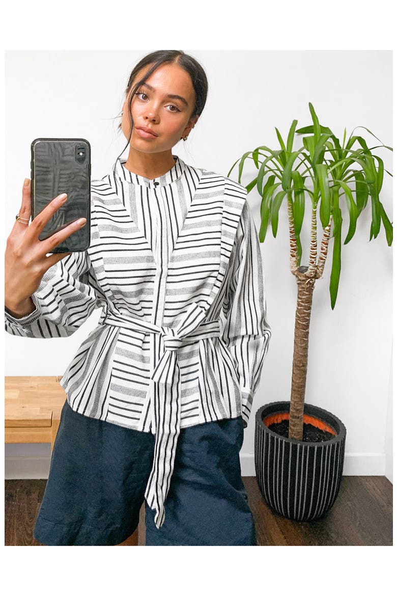 La Mono Stripe Long Sleeve Cotton Shirt, Alternate, color, BLACK