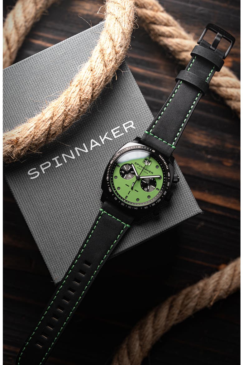 Hull Chronograph Leather Strap Watch, 42mm, Alternate, color, GREEN