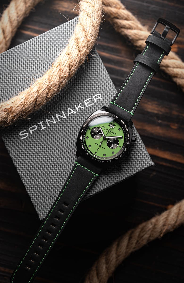 SPINNAKER Hull Chronograph Leather Strap Watch, 42mm, Alternate, color, Green
