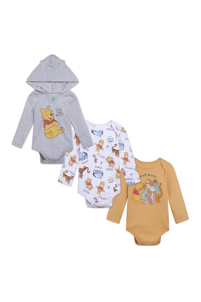 Winnie the Pooh 3-Pack Long Sleeve Bodysuits, Main, color, Pooh Grey Tan