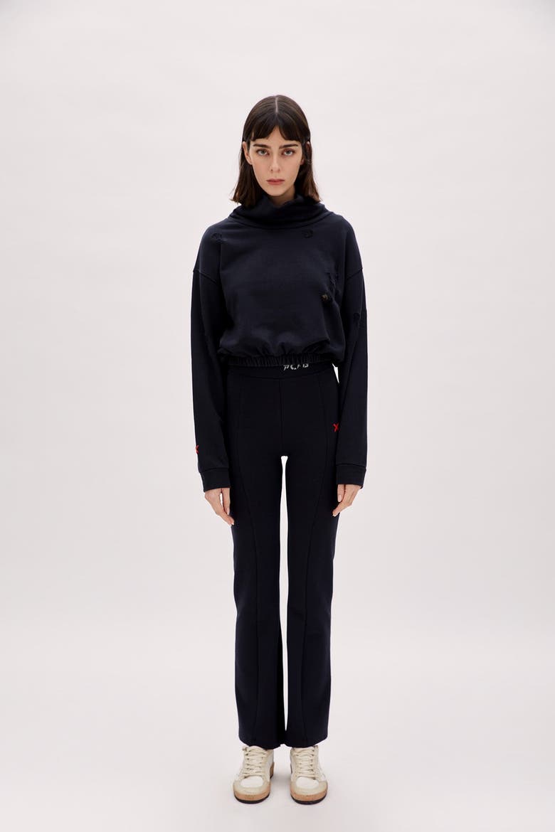 Cotton Destroyed High Neck Sweat, Alternate, color, BLACK