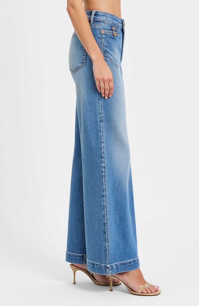 Modenaire High Waist Wide-Leg Jeans with Buttoned Patch Pockets and Rolled Hem, Alternate, color, Light Blue