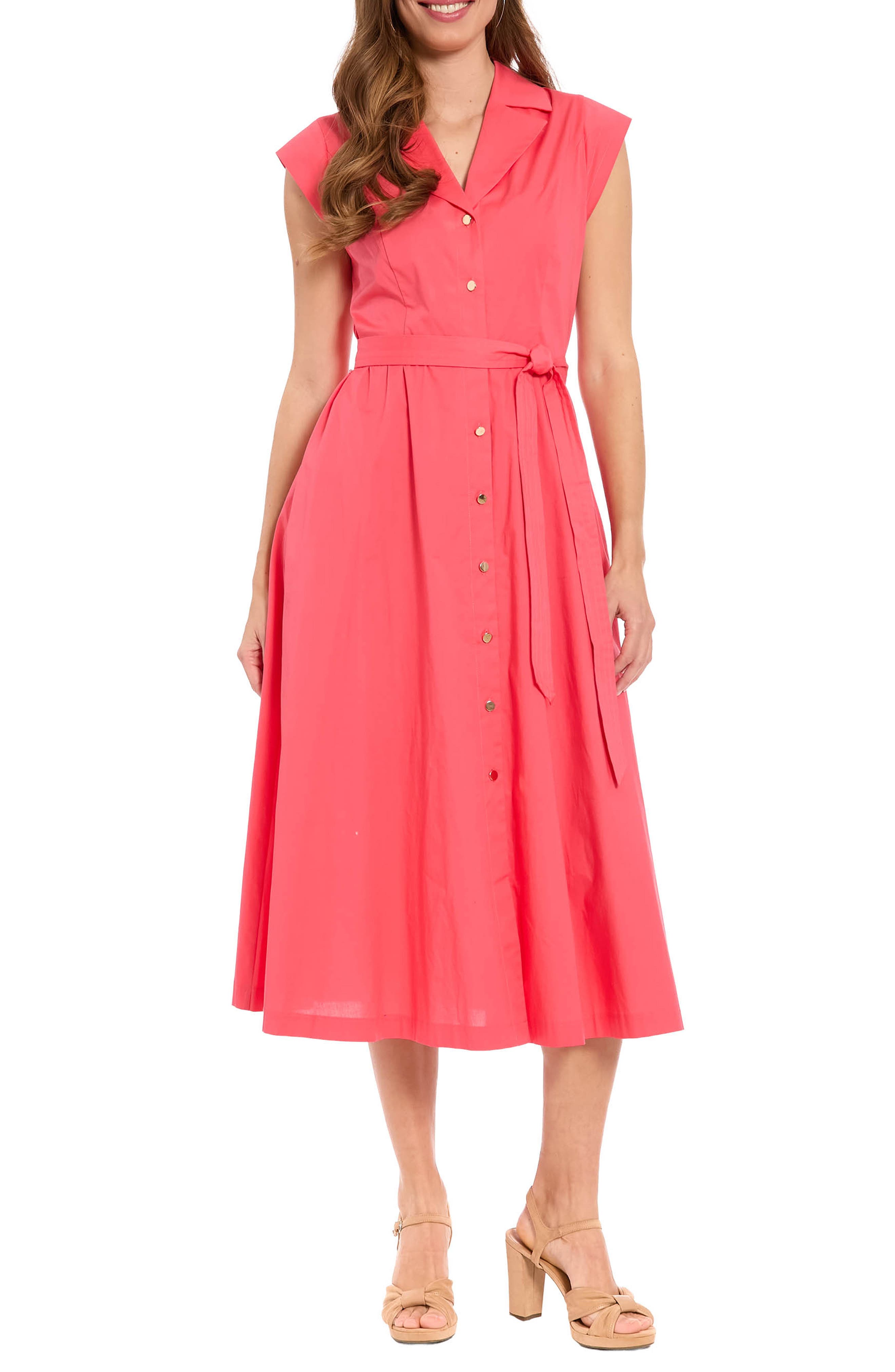 London Times Tie Waist Cap Sleeve Shirtdress