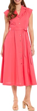London Times Tie Waist Cap Sleeve Shirtdress