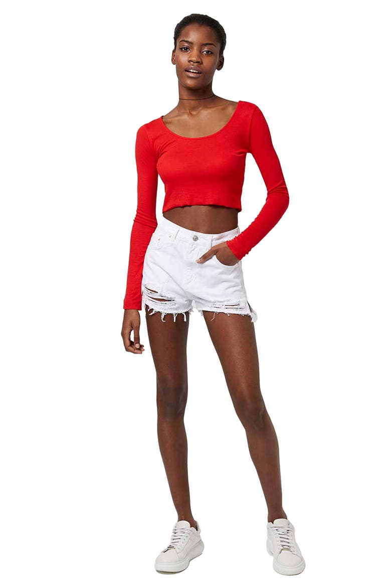 High Rise Ripped Denim Shorts, Alternate, color, WHITE