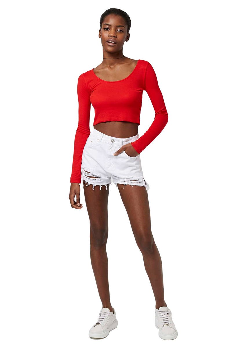 Topshop High Rise Ripped Denim Shorts, Alternate, color,