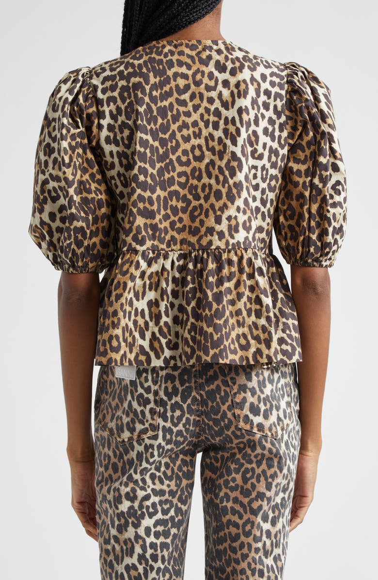 Ganni Leopard Print Tie Front Organic Cotton Top, Alternate, color, 