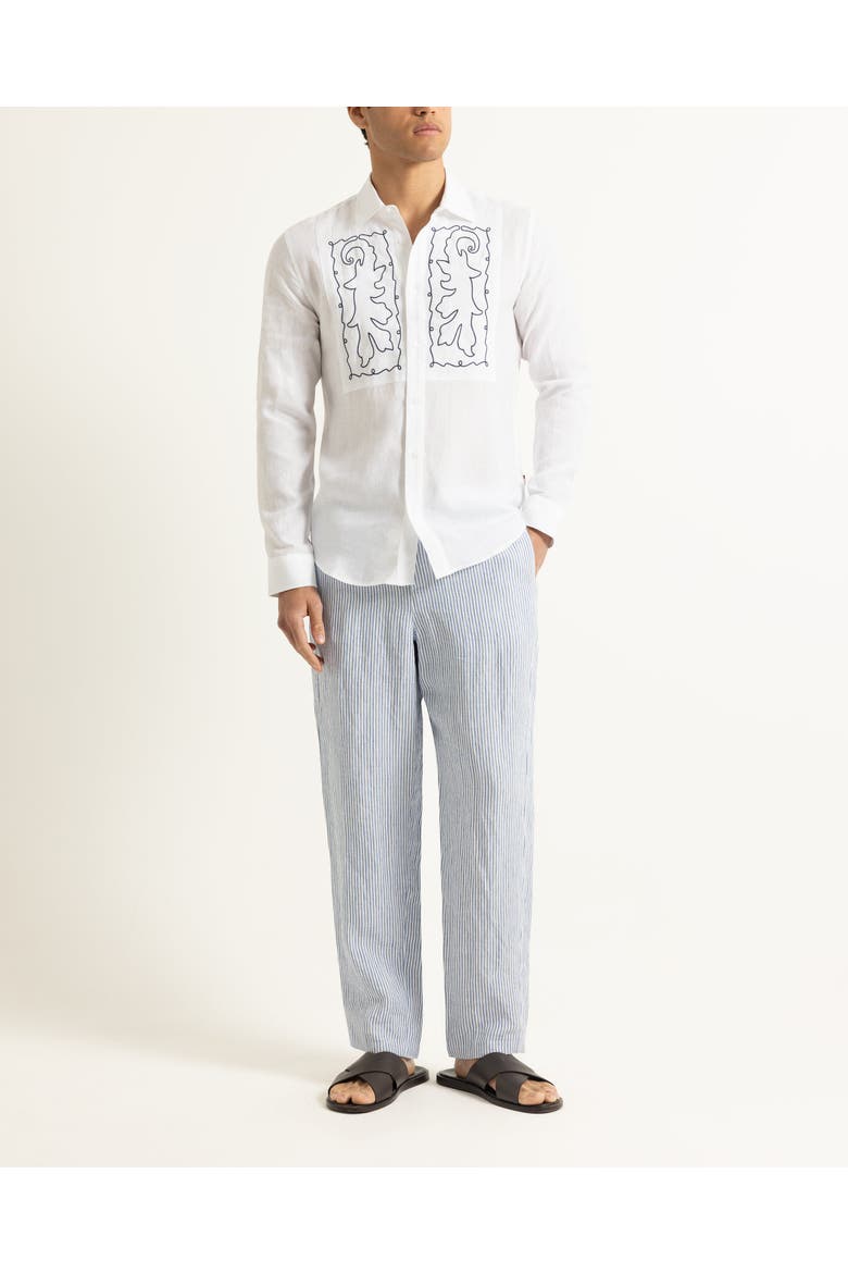Giles Embroidery Tailored Fit Linen Embroidery Shirt, Main, color, White Sand/Night Iris