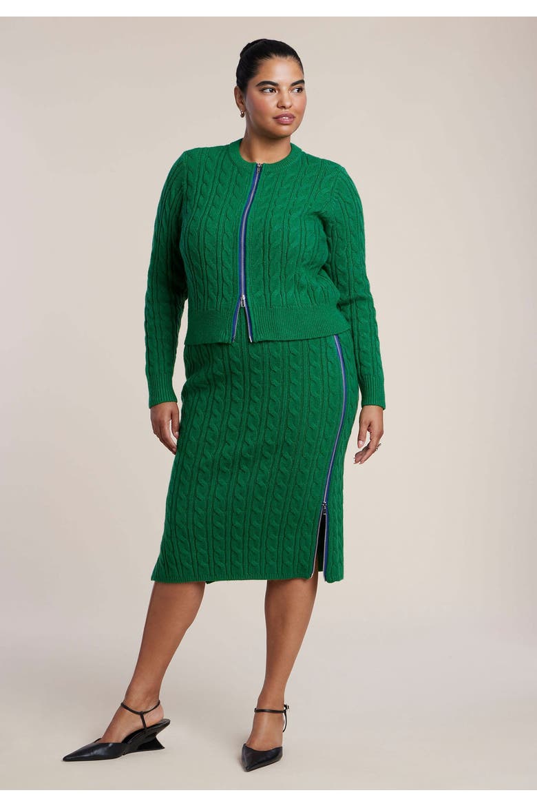 Contrast Zipper Cable Knit Cardigan, Alternate, color, VERDANT GREEN