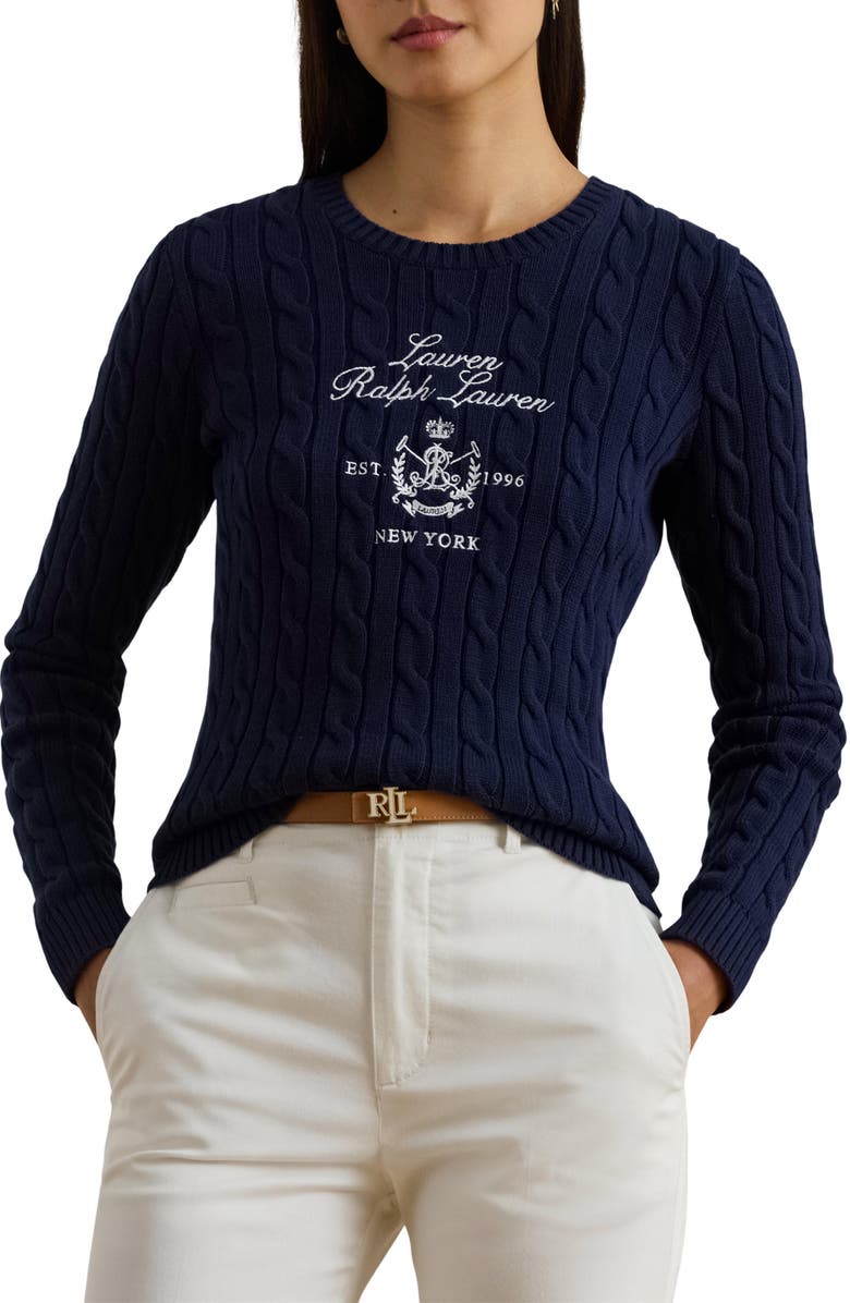 Lauren Ralph Lauren Cable Knit Embroidered Sweater, Main, color, Navy Blue