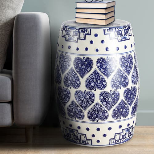 Jonathan Y Happy Hearts 17.8" Chinoiserie Ceramic Drum Garden Stool In Blue/white