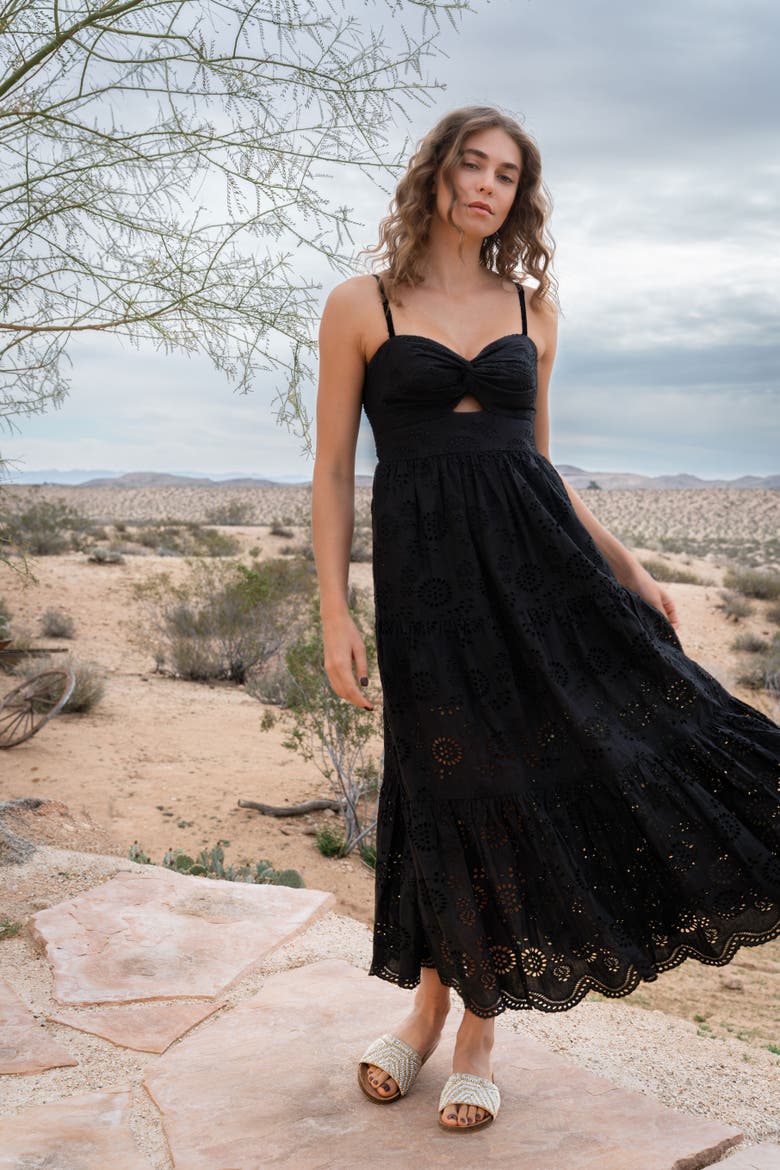 Jillian Embroidered Eyelet Tiered Maxi Dress, Alternate, color, Black