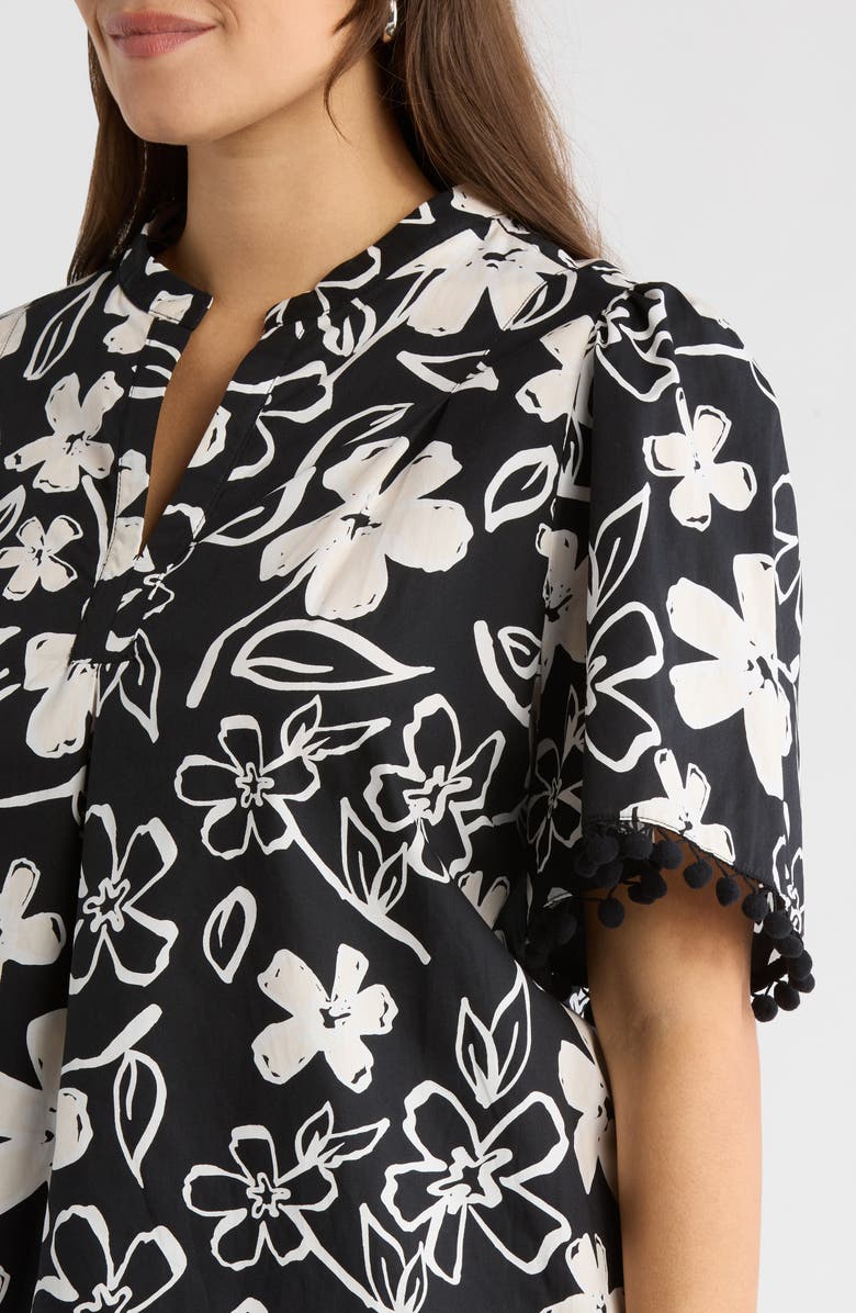 SUGARLIPS Kianza Floral Yulia Pompom Cotton Top, Alternate, color, Black-White