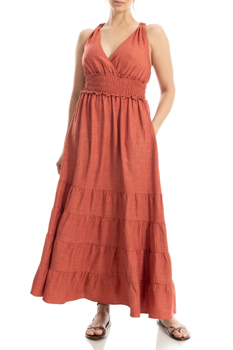 Empire Waist Tiered Maxi Dress, Main, color, HEATHER WASHED RED