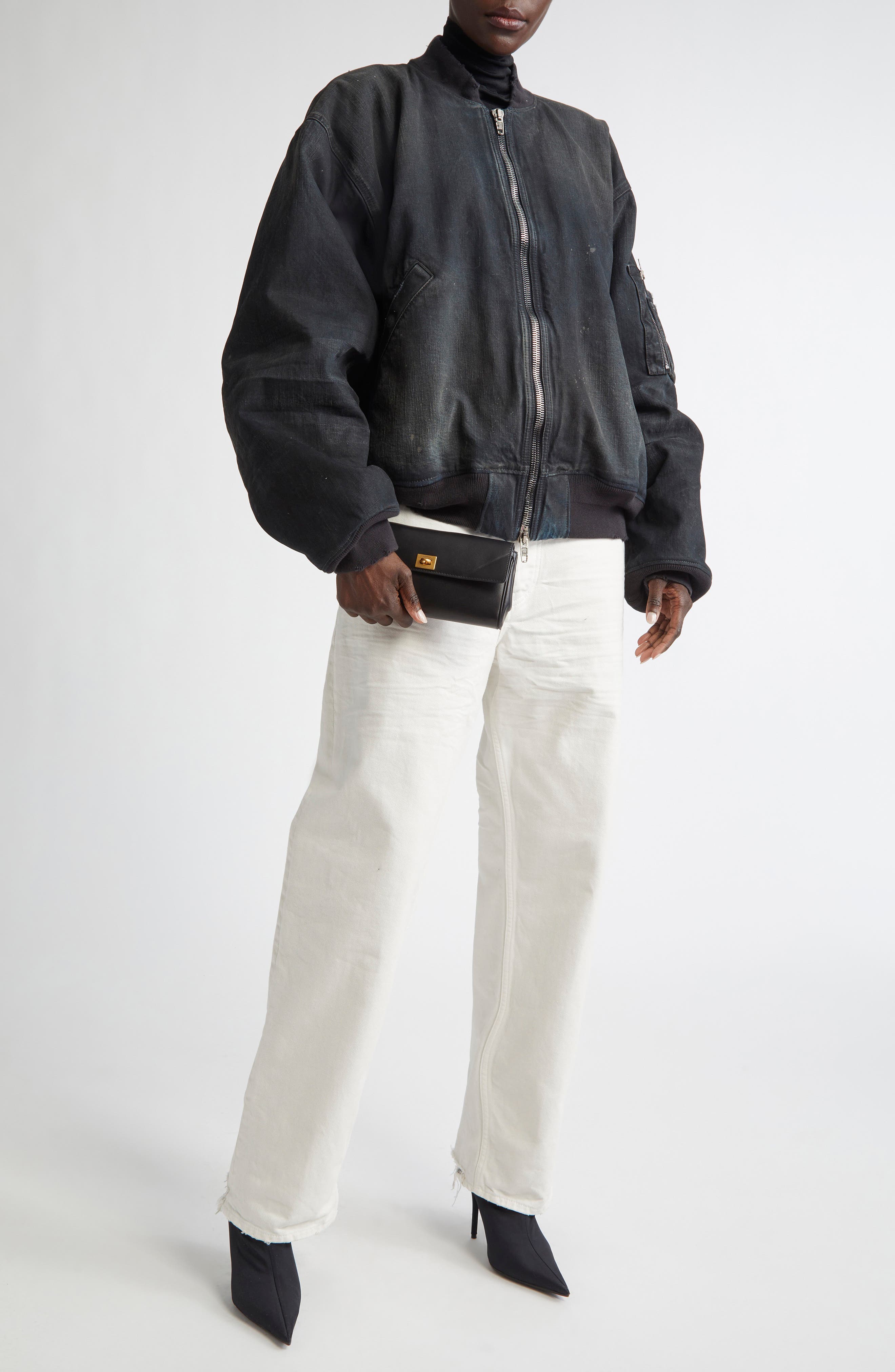 Oversize Distressed Denim Bomber Jacket - image 2